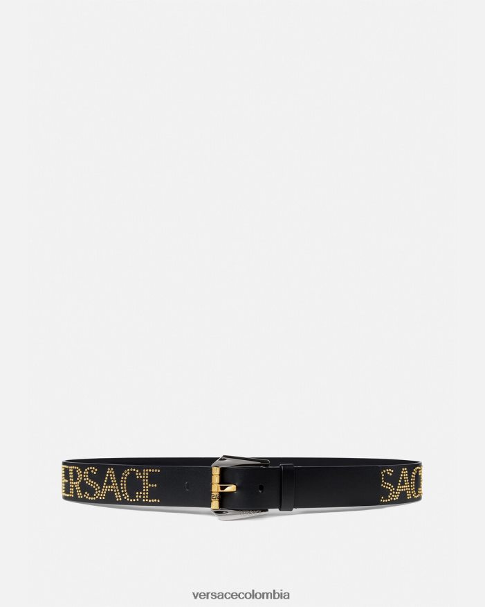 hombres cinturón de cuero con logo y tachuelas Versace oro negro 2RP40F1627 accesorios