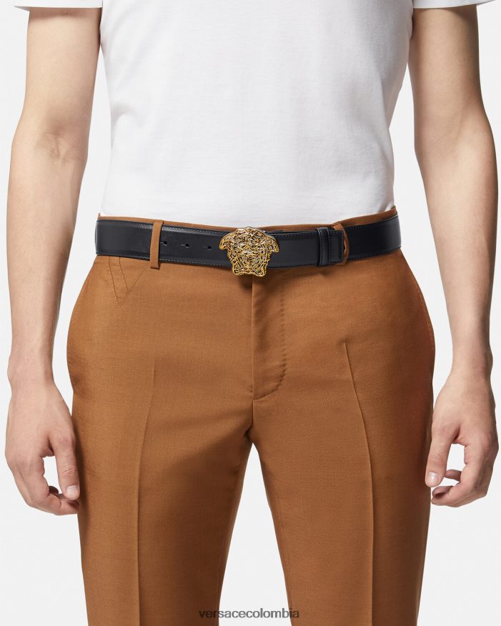hombres cinturón de piel con medusa Versace oro negro 2RP40F1630 accesorios