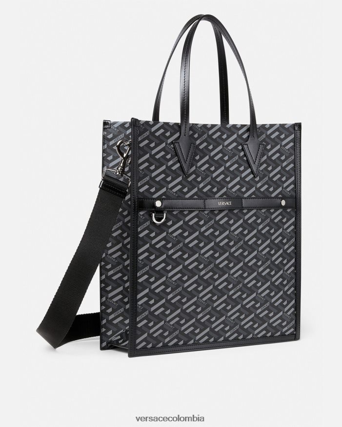 hombres bolso tote alto con firma la greca Versace negro y gris 2RP40F1476 bolsas
