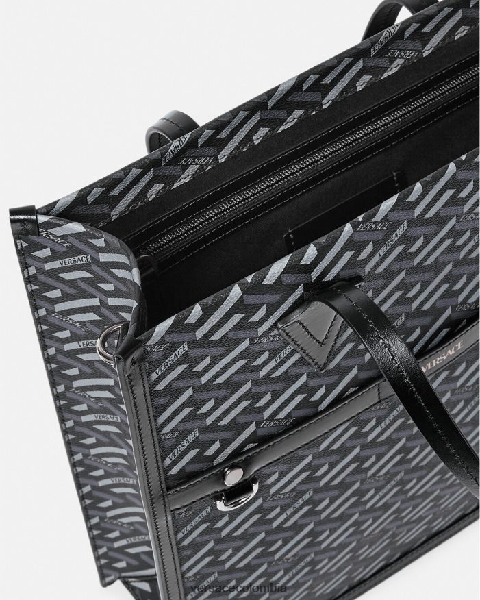 hombres bolso tote alto con firma la greca Versace negro y gris 2RP40F1476 bolsas
