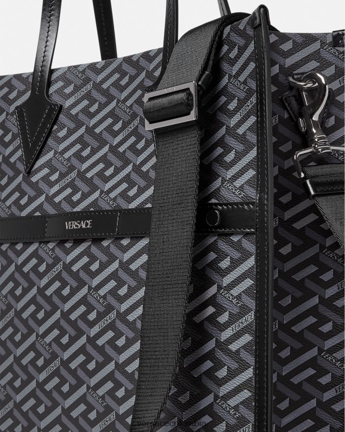 hombres bolso tote alto con firma la greca Versace negro y gris 2RP40F1476 bolsas