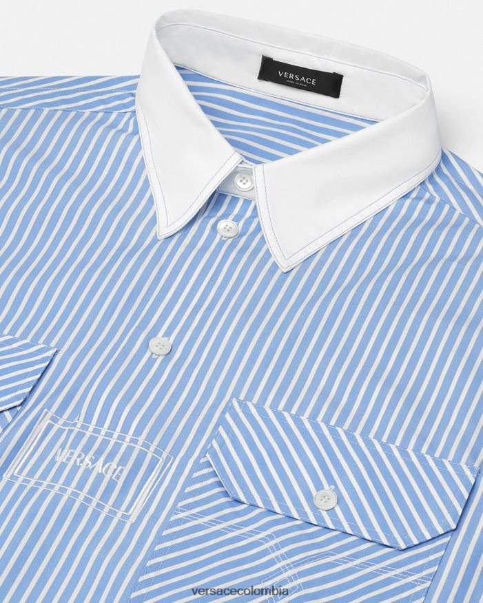hombres camisa a rayas con logo Versace azul claro 2RP40F1295 ropa
