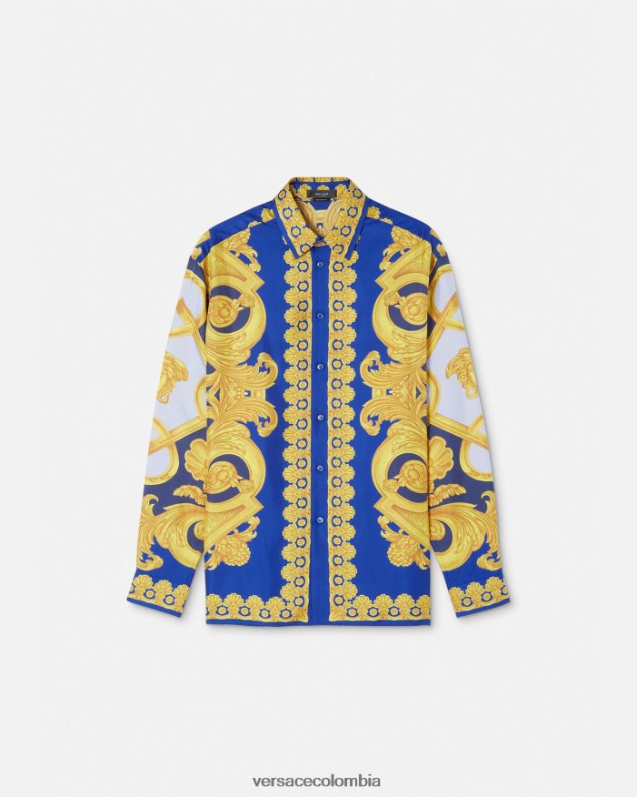 hombres camisa de seda barroco 660 Versace azul y oro 2RP40F1318 ropa