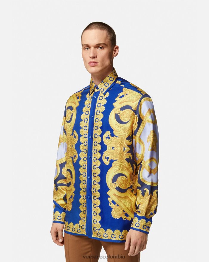 hombres camisa de seda barroco 660 Versace azul y oro 2RP40F1318 ropa