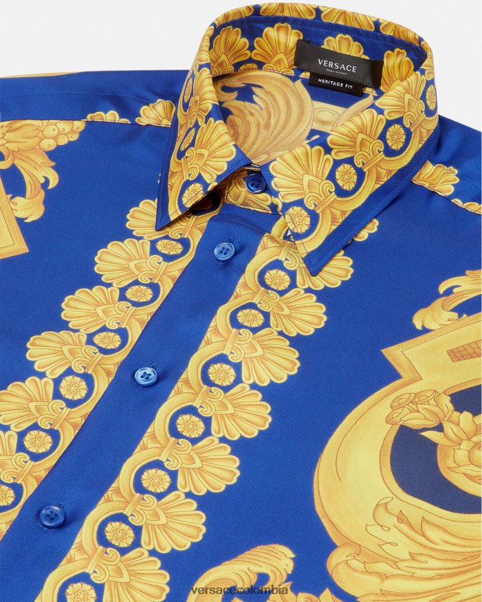 hombres camisa de seda barroco 660 Versace azul y oro 2RP40F1318 ropa