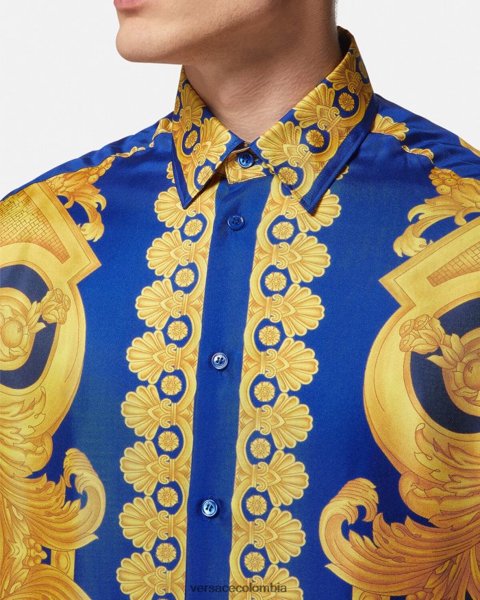 hombres camisa de seda barroco 660 Versace azul y oro 2RP40F1318 ropa