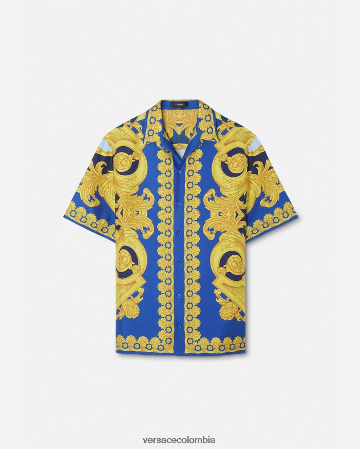 hombres camisa de seda barroco 660 Versace azul y oro 2RP40F1319 ropa