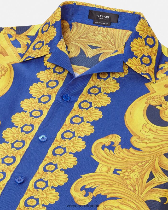 hombres camisa de seda barroco 660 Versace azul y oro 2RP40F1319 ropa