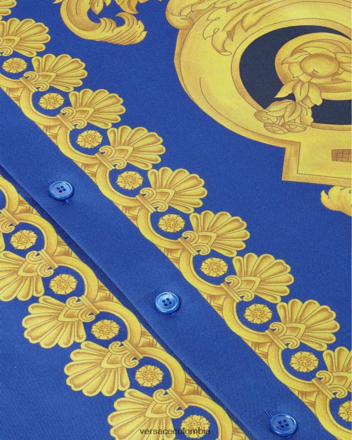 hombres camisa de seda barroco 660 Versace azul y oro 2RP40F1319 ropa