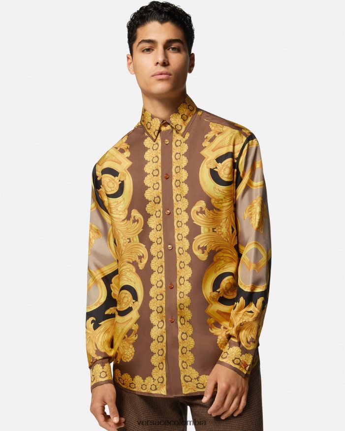 hombres camisa de seda barroco 660 Versace marrón y dorado 2RP40F1320 ropa