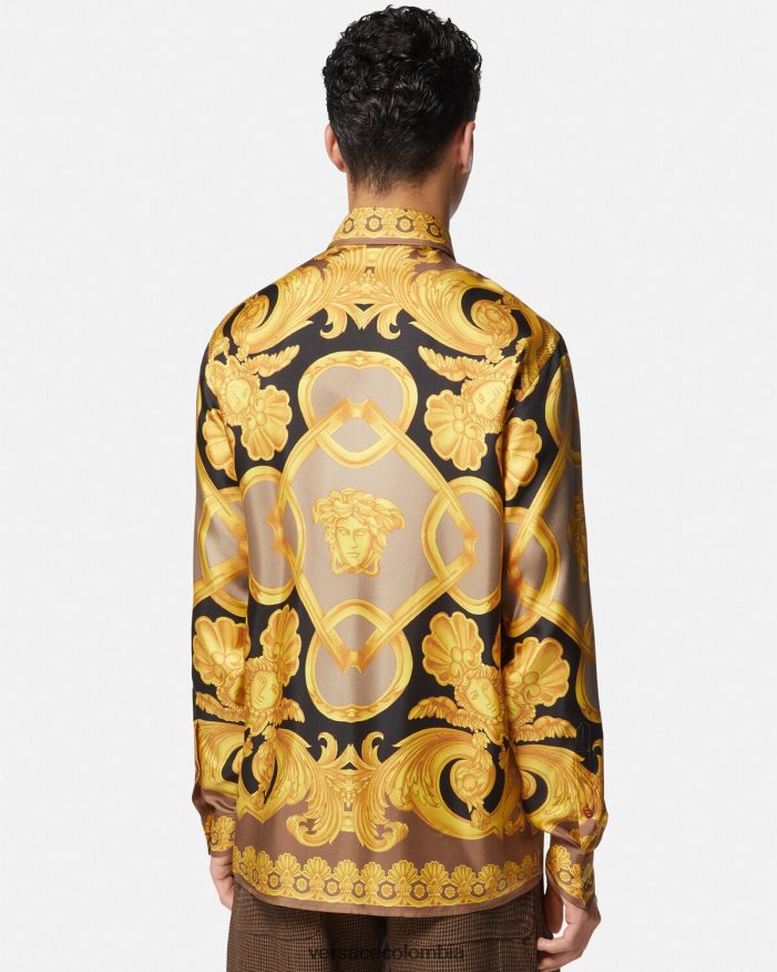 hombres camisa de seda barroco 660 Versace marrón y dorado 2RP40F1320 ropa