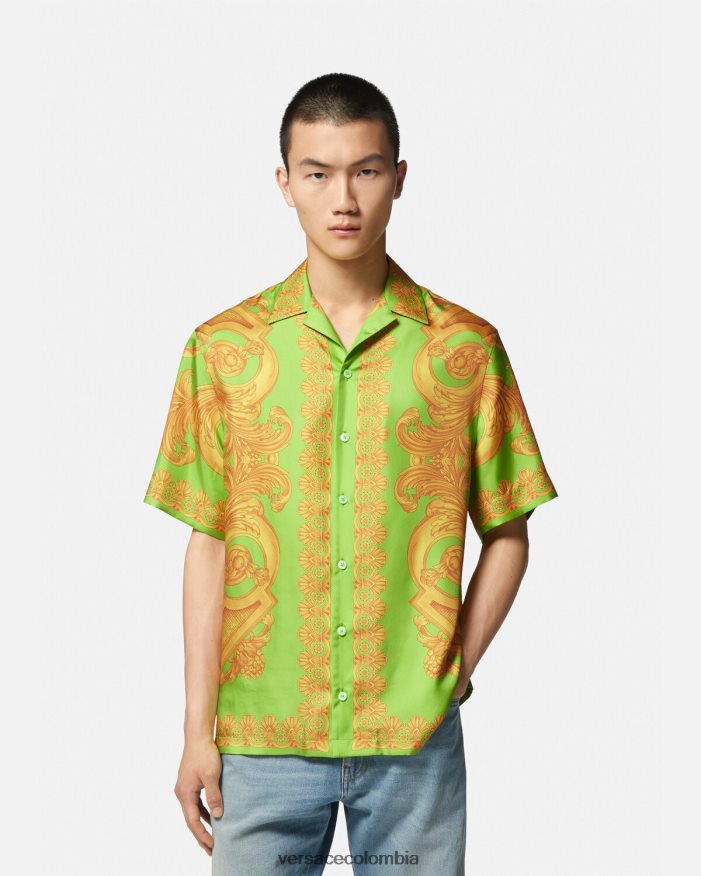 hombres camisa de seda barroco 660 Versace oro y verde 2RP40F1317 ropa