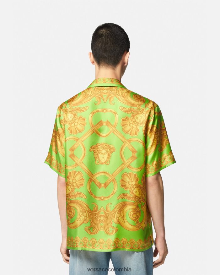 hombres camisa de seda barroco 660 Versace oro y verde 2RP40F1317 ropa