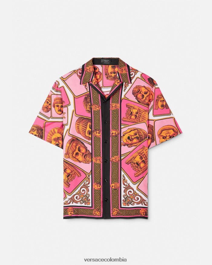 hombres camisa de seda le maschere Versace rosa y estampado 2RP40F1307 ropa