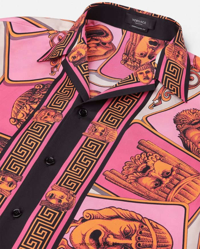 hombres camisa de seda le maschere Versace rosa y estampado 2RP40F1307 ropa