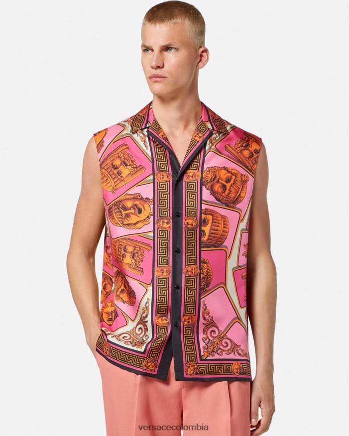 hombres le maschere camisa de seda sin mangas Versace rosa y estampado 2RP40F1304 ropa