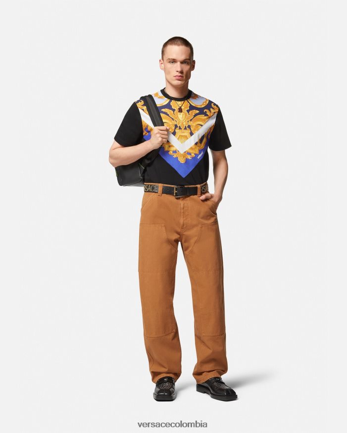 hombres camiseta barroco 660 Versace azul y oro 2RP40F1393 ropa