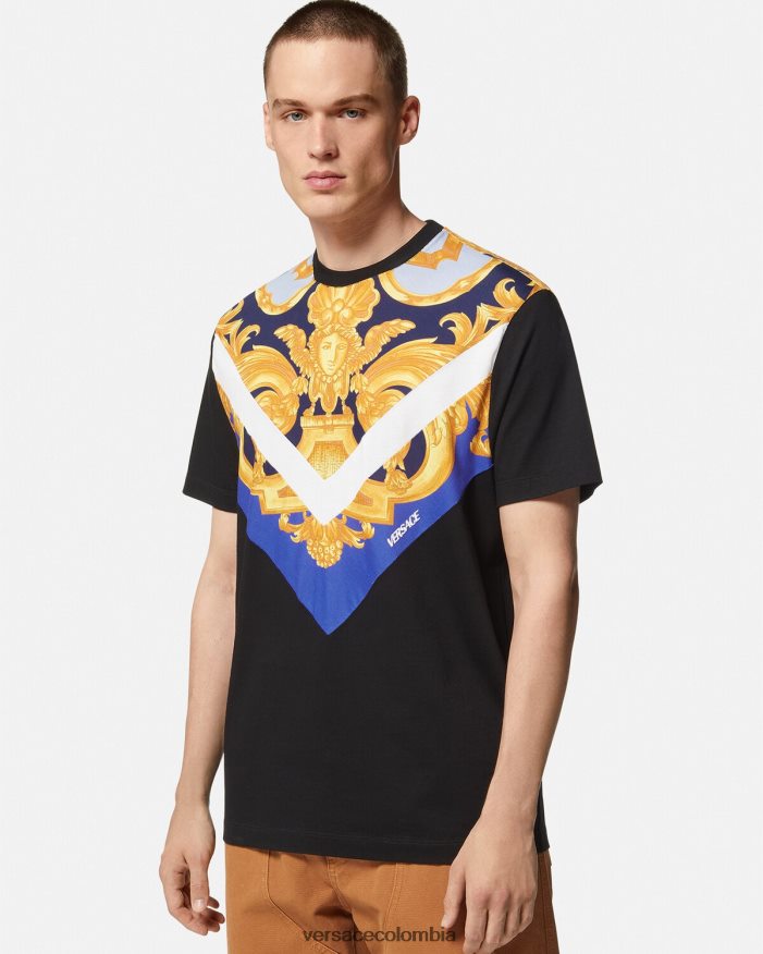 hombres camiseta barroco 660 Versace azul y oro 2RP40F1393 ropa