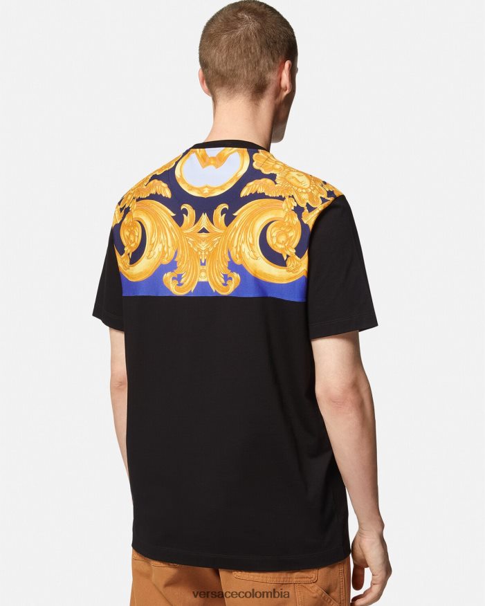hombres camiseta barroco 660 Versace azul y oro 2RP40F1393 ropa