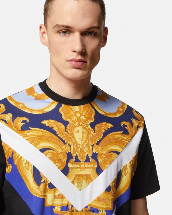 hombres camiseta barroco 660 Versace azul y oro 2RP40F1393 ropa