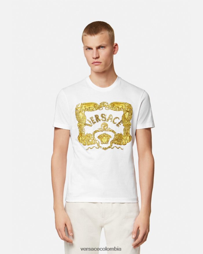 hombres camiseta con bordado de conchas barrocas Versace blanco 2RP40F1364 ropa