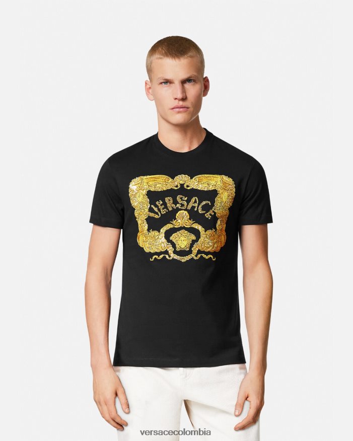 hombres camiseta con bordado de conchas barrocas Versace negro 2RP40F1363 ropa