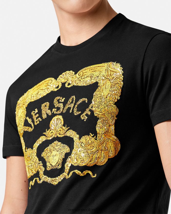 hombres camiseta con bordado de conchas barrocas Versace negro 2RP40F1363 ropa