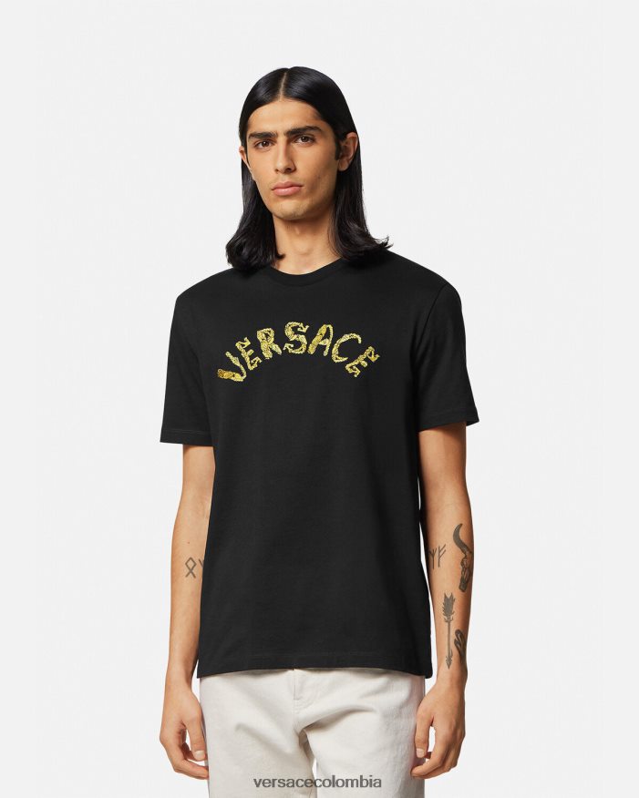 hombres camiseta con logo barroco de conchas marinas Versace negro 2RP40F1359 ropa