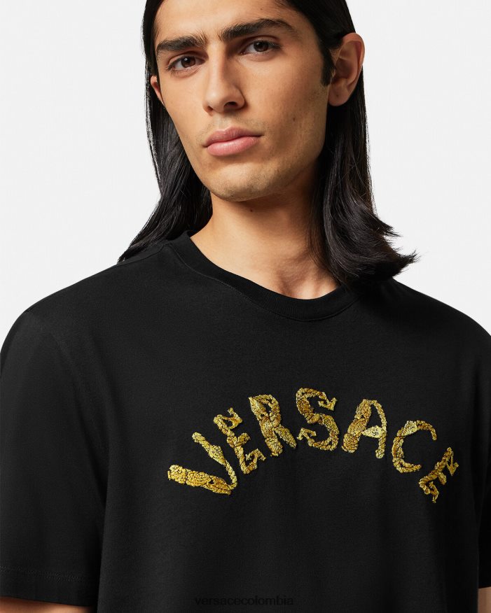 hombres camiseta con logo barroco de conchas marinas Versace negro 2RP40F1359 ropa