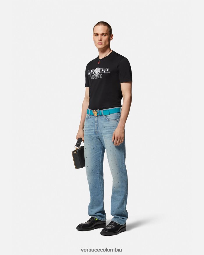 hombres camiseta con logo de la greca Versace negro 2RP40F1409 ropa