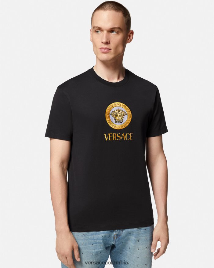 hombres camiseta con logo de medusa bordado Versace negro 2RP40F1399 ropa