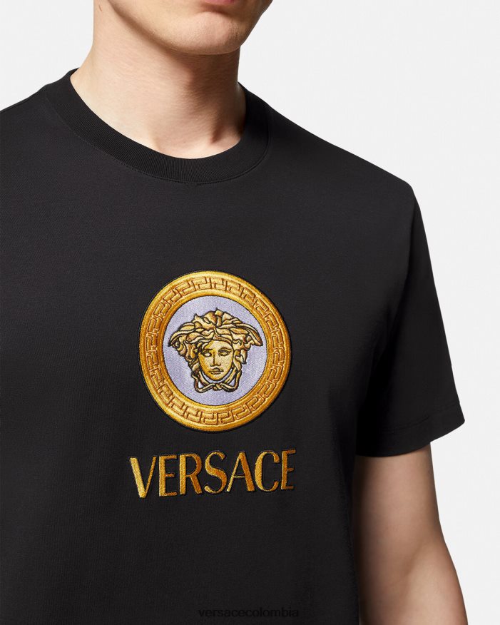 hombres camiseta con logo de medusa bordado Versace negro 2RP40F1399 ropa