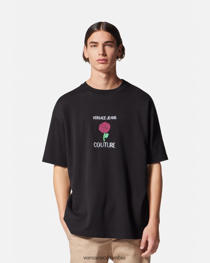 hombres camiseta con logo de rosas Versace negro 2RP40F2372 ropa