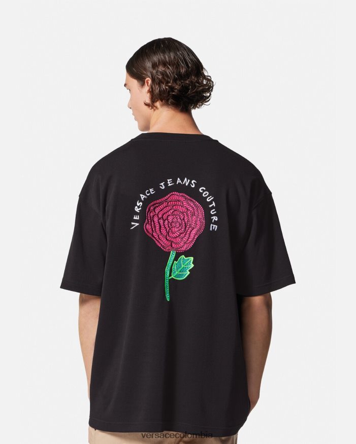hombres camiseta con logo de rosas Versace negro 2RP40F2372 ropa
