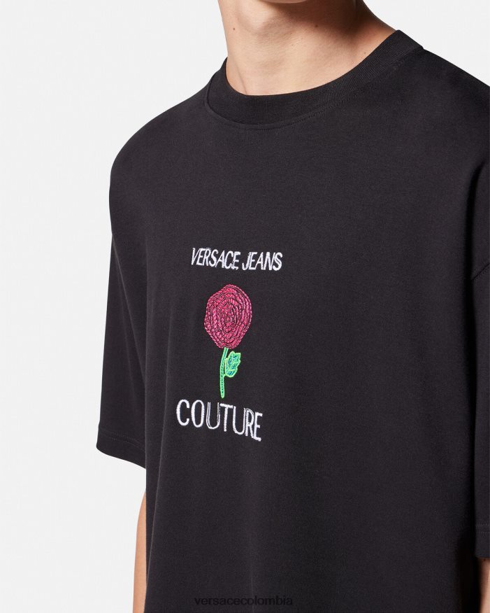 hombres camiseta con logo de rosas Versace negro 2RP40F2372 ropa