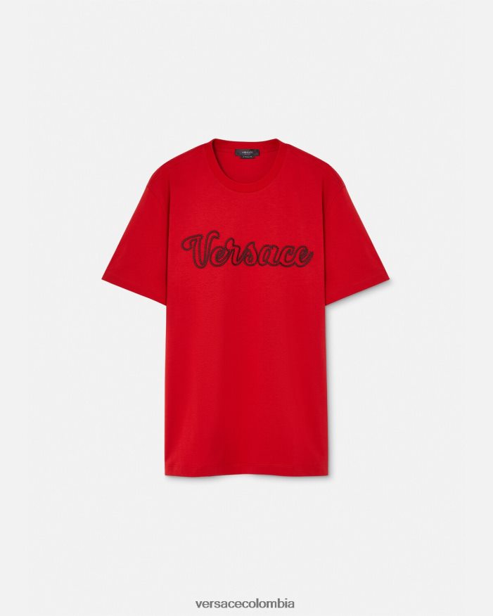 hombres camiseta con logo universitario bordado Versace rojo 2RP40F1405 ropa