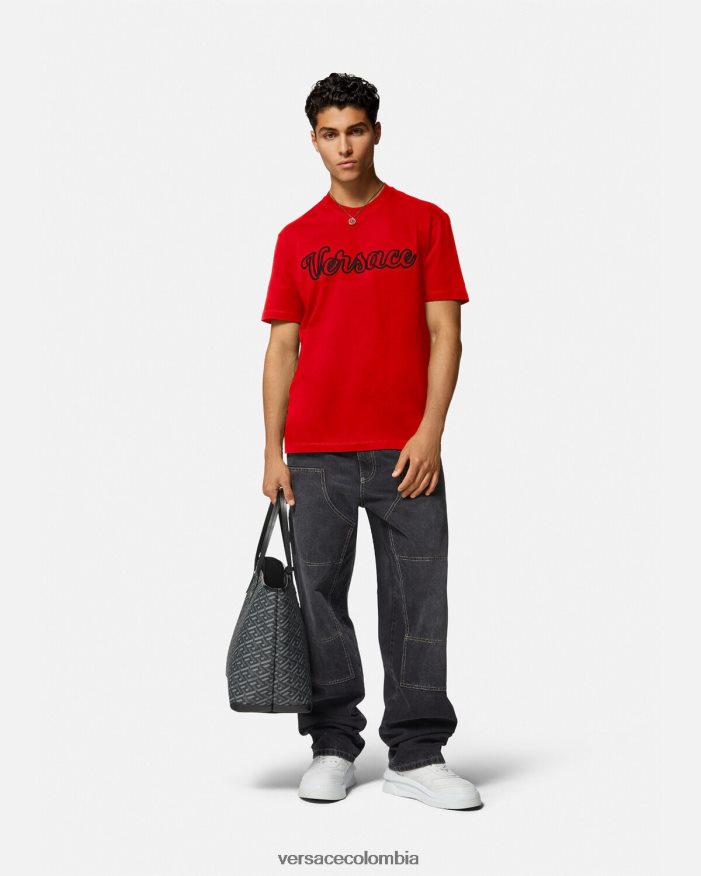 hombres camiseta con logo universitario bordado Versace rojo 2RP40F1405 ropa