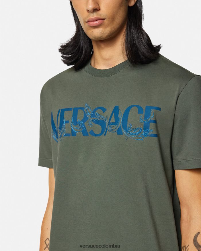 hombres camiseta con logo y silueta barroca Versace verde 2RP40F1368 ropa