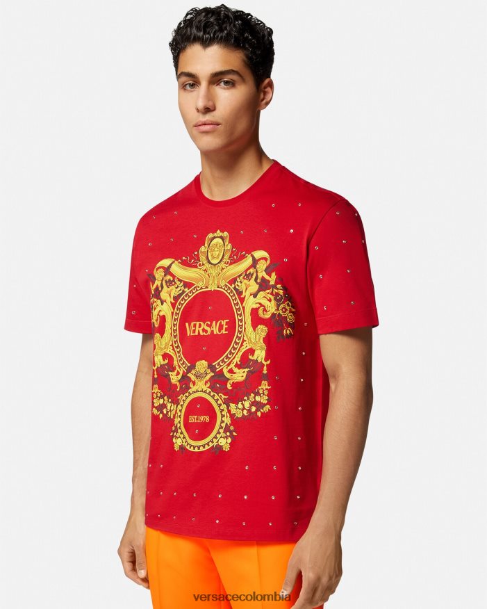 hombres camiseta con rejilla de cristal barroco Versace rojo 2RP40F1401 ropa