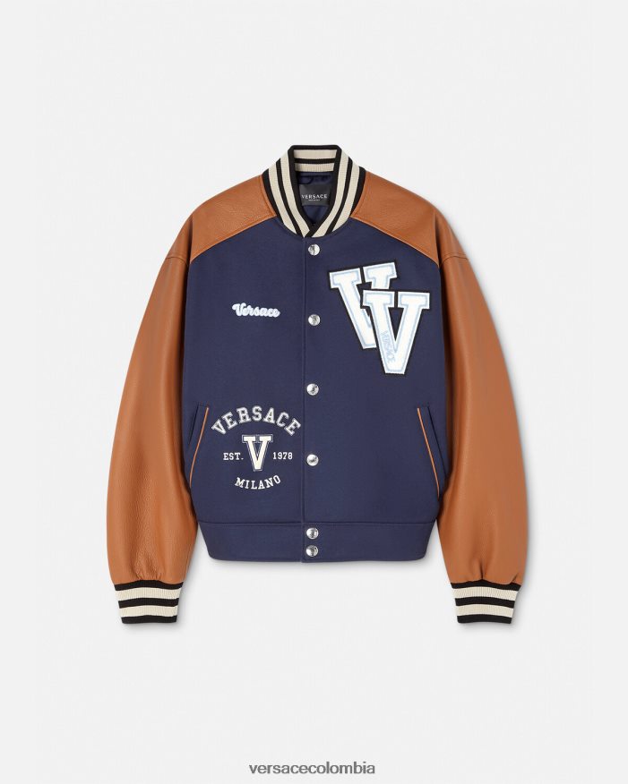 hombres chaqueta bomber con logo universitario Versace azul Marrón 2RP40F1257 ropa
