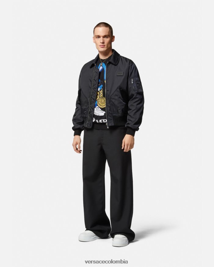 hombres chaqueta bomber de conejo del festival de primavera Versace negro 2RP40F1244 ropa