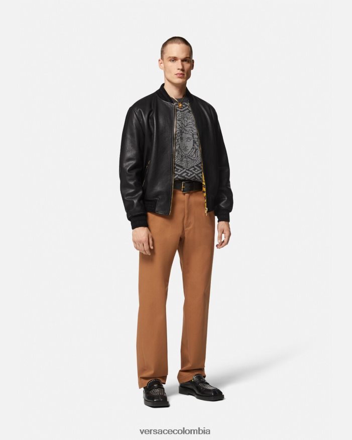 hombres chaqueta bomber de cuero con greca Versace negro 2RP40F1225 ropa