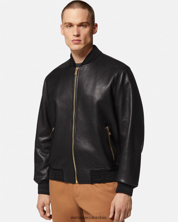 hombres chaqueta bomber de cuero con greca Versace negro 2RP40F1225 ropa