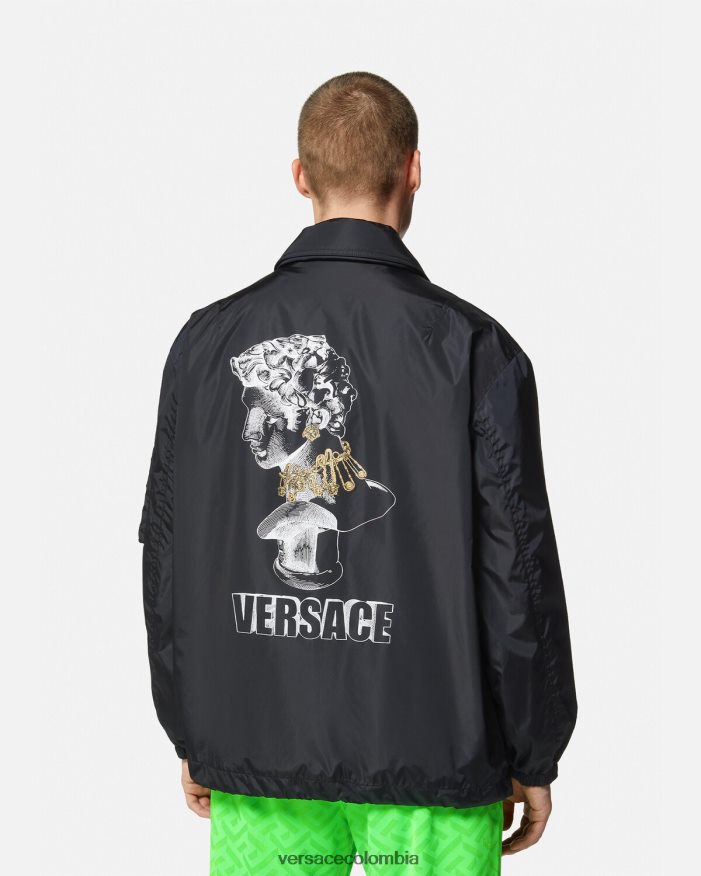 hombres chaqueta de nailon con logo gráfico Versace negro 2RP40F1243 ropa
