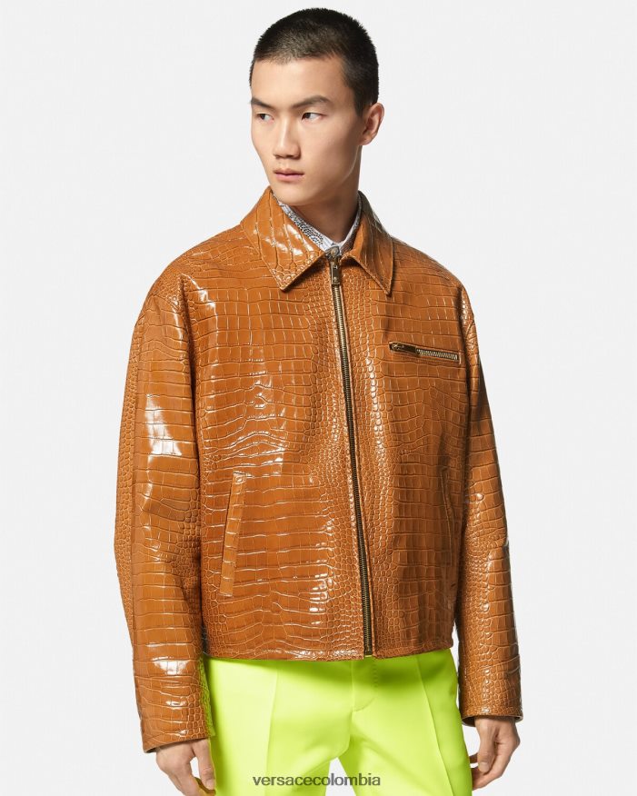 hombres chaqueta tipo blusón de cuero con efecto de cocodrilo Versace naranja 2RP40F1255 ropa