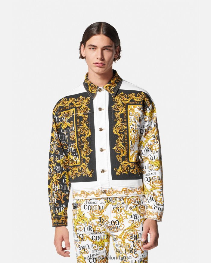 hombres chaqueta vaquera de alta costura con logo Versace oro y blanco 2RP40F2416 ropa