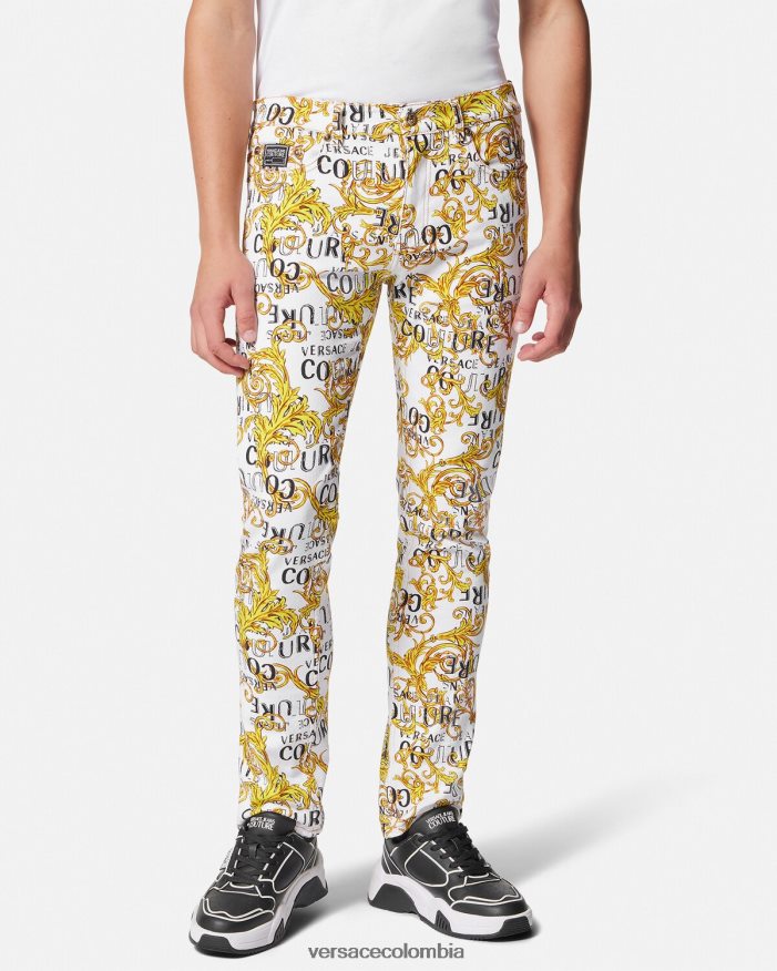 hombres jeans slim con logo de alta costura Versace oro y blanco 2RP40F2428 ropa