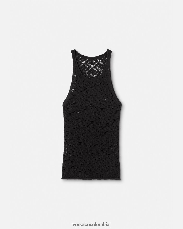 hombres camiseta sin mangas de punto con encaje la greca Versace negro 2RP40F1340 ropa