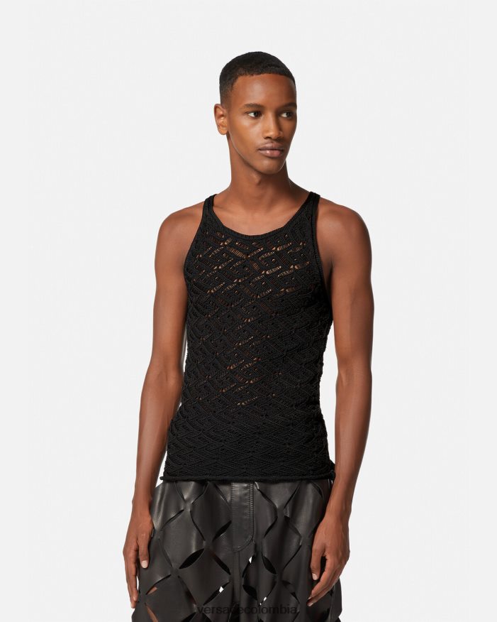 hombres camiseta sin mangas de punto con encaje la greca Versace negro 2RP40F1340 ropa