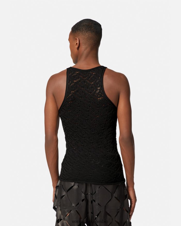 hombres camiseta sin mangas de punto con encaje la greca Versace negro 2RP40F1340 ropa